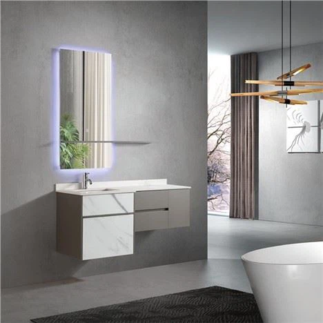 2020 Нов меламинов фурнир Естествена текстура Шкаф за баня Мебели за баня, оборудвани с LED Smart Mirror